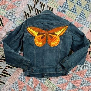 Vintage 60s 70s Lee Denim Sanforized Butterfly Embroidered Trucker Jean Jacket S